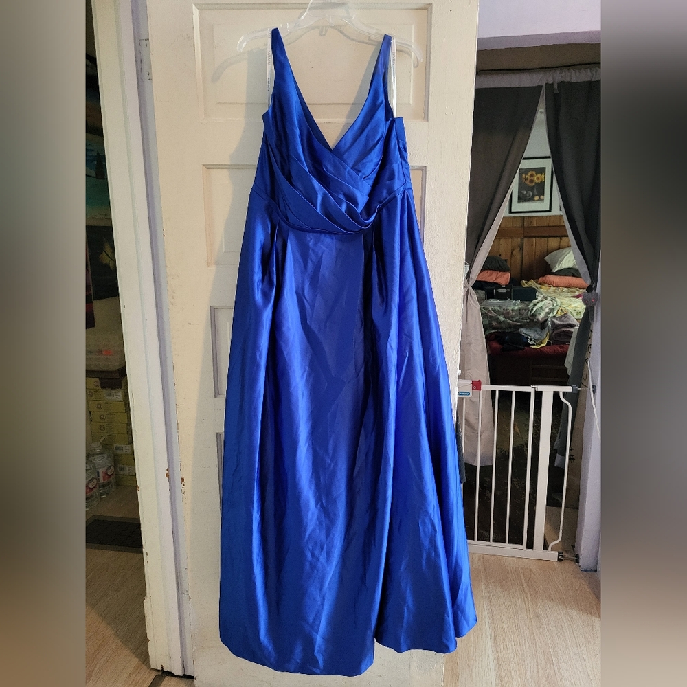 David's Bridal Blue Pleated V-Neck Gown